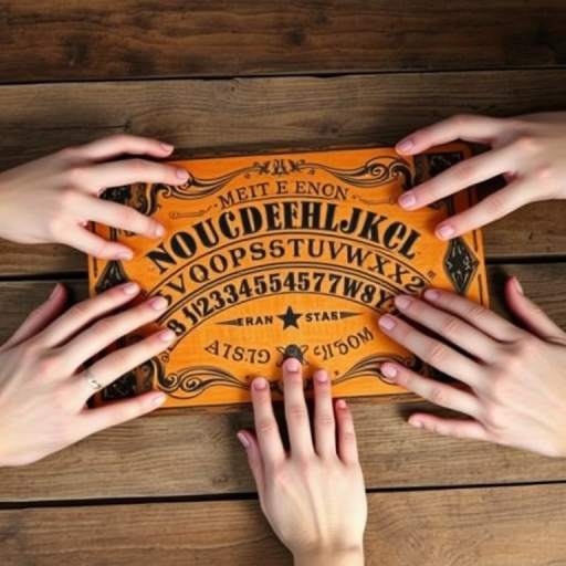 Create a high-quality image of a vintage Ouija board placed on a wooden surface with four hands positioned around it, using a DSLR camera with a 50mm lens, f/2.8 aperture, 1/125 shutter speed, and natural lighting to enhance details and textures.
