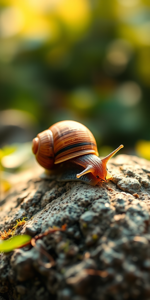 macro photograph of a detailed snail on a textured rock surrounded by greenery, soft bokeh background, natural sunlight highlighting the shell, f/2.8 aperture, 100mm lens, ISO 100, shot from eye level, using a DSLR camera, warm color tones, high dynamic range.
