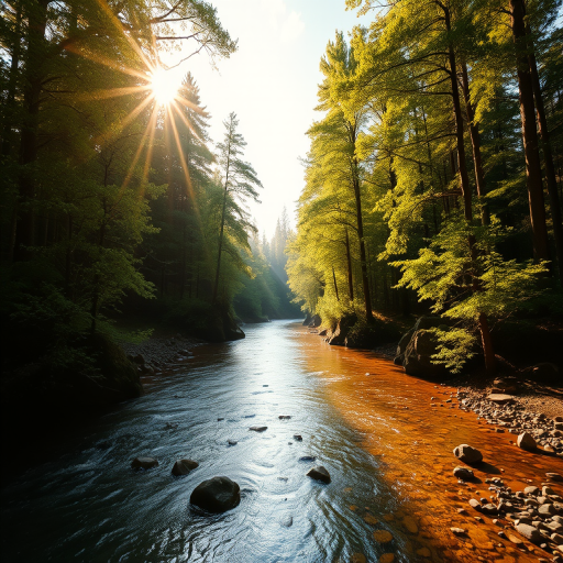 Create an image of a serene, sunlit forest scene with a clear, gently flowing river. Tall trees with lush green foliage line both sides of the river, their leaves bathed in the warm golden light of the setting or rising sun. The sunlight filters through the trees, casting soft, dappled light on the river, which flows over smooth rocks and pebbles, creating a peaceful, natural atmosphere. The sky is bright with a few scattered clouds, and the overall mood is tranquil, evoking a deep sense of connection with nature. The image captures the beauty of a calm, pristine forest landscape at either dawn or dusk.