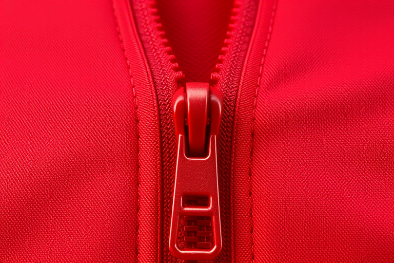 Create a high-resolution vector graphic of a red zipper with an emphasis on smooth lines and detailed texture, using a Canon EOS R5 with a 50mm f/1.2 lens, aperture set to f/4, and ISO 100, shot from a straight-on view with soft lighting to highlight the zipper's design.