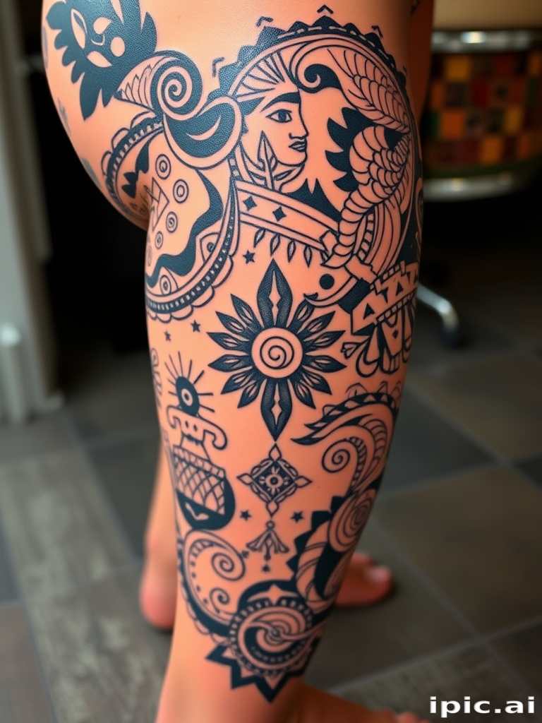Elaborate Polynesian tribal tattoo extending from hip to ankle, showcasing intricate cultural patterns and symbols in bold black ink with negative space