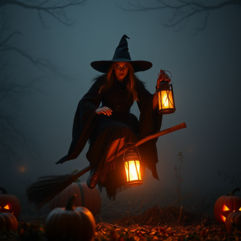 Create a dark fantasy scene featuring a menacing witch with glowing eyes, holding a lantern and riding a broomstick amidst a foggy landscape with carved pumpkins, shot with a Canon EOS R5 at f/1.8, ISO 100, 50mm lens, with dramatic lighting and high contrast to enhance mood and detail.