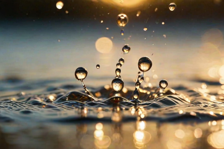 create an image of water with droplets splashing, showing a mixture of clear and golden hues, with a soft focus and bokeh effect on the background