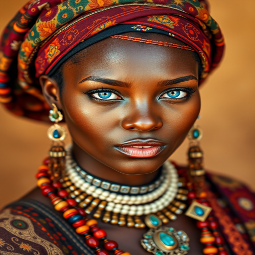 Create a portrait of a beautiful Zulu woman with striking cyan eyes and a gentle expression. She is adorned in traditional attire with intricate patterns, including a richly embroidered headscarf and matching garments. Her jewelry includes a delicate headpiece, dangling earrings, and ornate bracelets, all featuring vibrant gemstones and detailed metalwork. The background is soft and warm, enhancing the rich colors of her outfit and jewelry.
