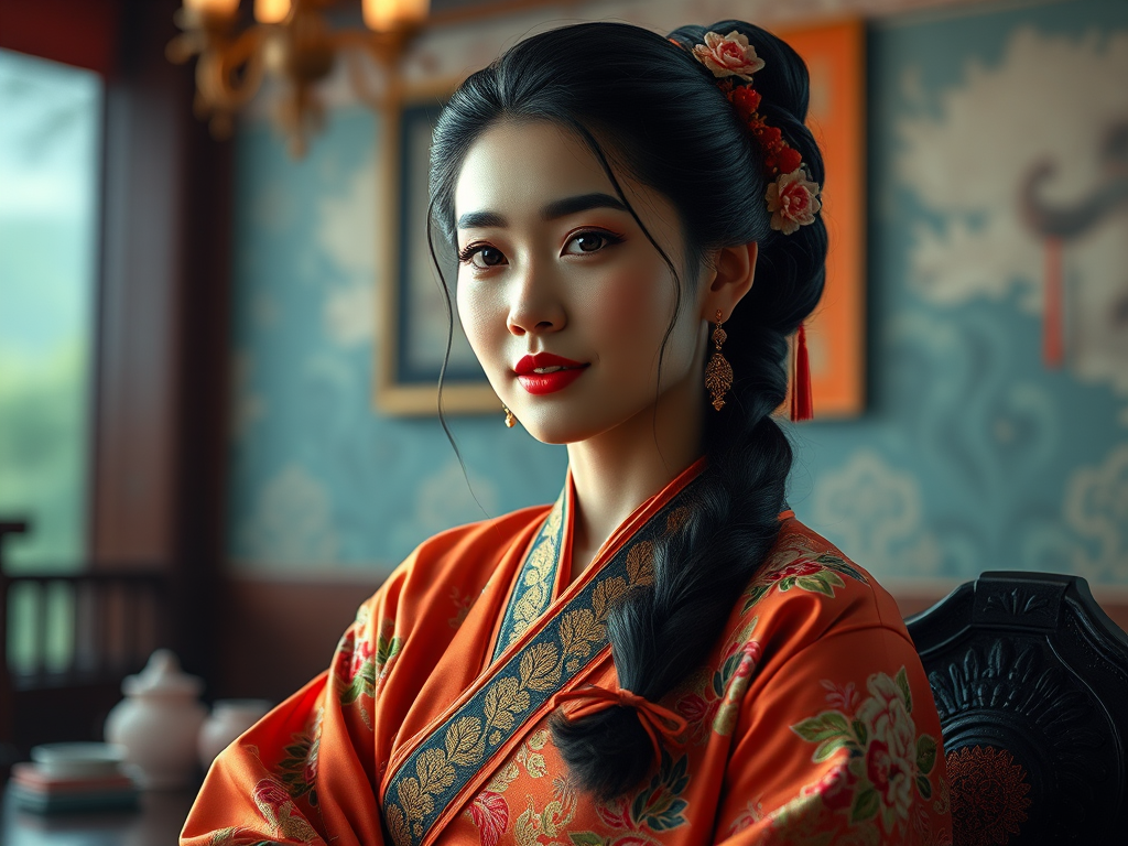 A beautiful Pacific Islander woman in traditional East Asian attire, intricately detailed with embroidered patterns, sitting gracefully in a richly decorated room, soft ambient lighting, serene and elegant, ultra-realistic, 8K resolution