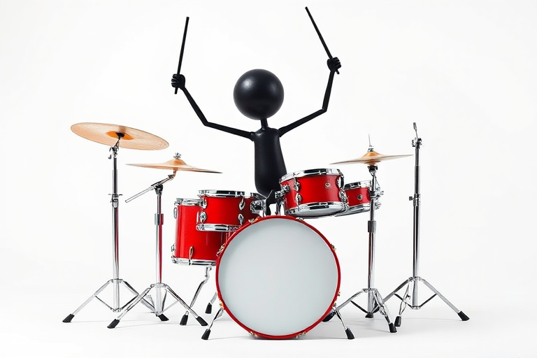 Create an image of a stick figure drummer with arms raised holding cymbals, capturing dynamic motion, use a DSLR camera with a 50mm lens, aperture f/1.8, and ISO 200, with a shallow depth of field and vibrant colors, against a white background.