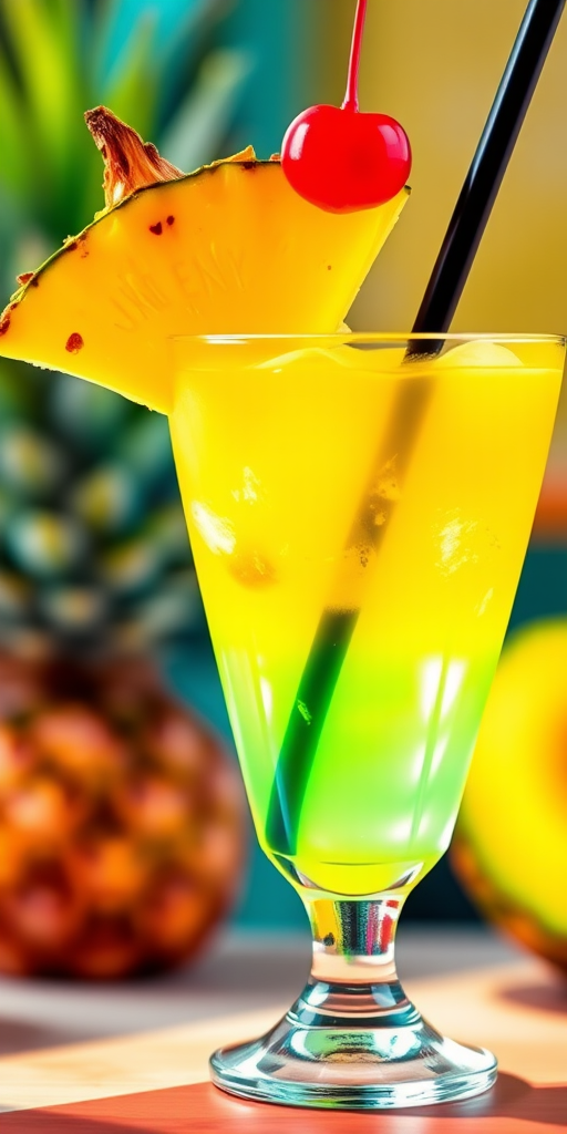 Create a vibrant, close-up illustration of a tropical cocktail in a glass with a black straw, topped with a pineapple slice and a cherry, using a DSLR camera with a 50mm lens, aperture f/2.8, ISO 200, and natural lighting.