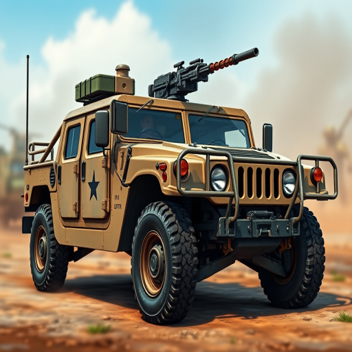 create a highly detailed illustration of a military Humvee with a mounted machine gun on top, set against a blurred battlefield background, using a DSLR camera at f/8, ISO 200, shutter speed 1/250s, captured from a low angle perspective to emphasize the vehicle's rugged features, in a realistic style with vibrant colors and sharp contrast.
