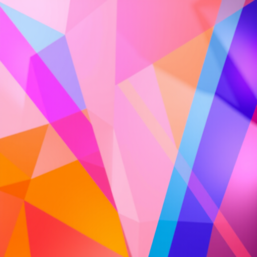 create an abstract geometric background with vibrant colors including orange, pink, blue, and purple, using a Canon EOS R5 camera, f/8 aperture, ISO 100, 50mm lens, with a soft focus effect to enhance depth and vibrancy