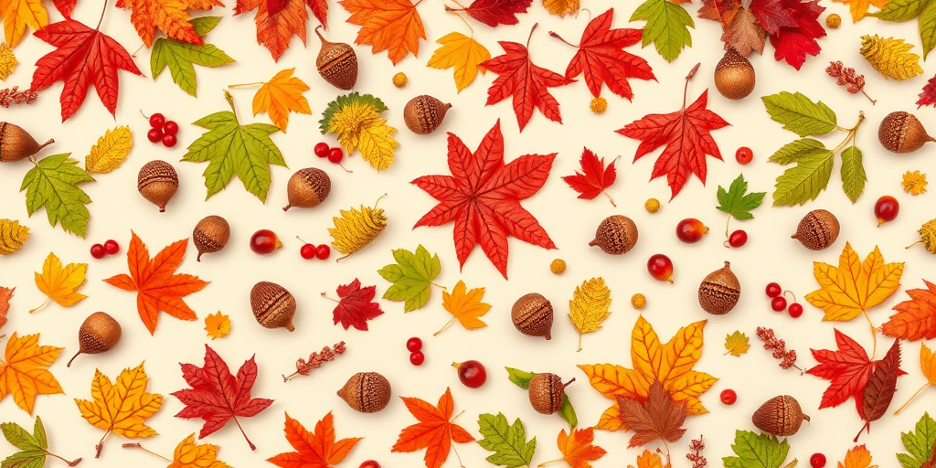 Create a vibrant autumn-themed pattern featuring various leaves, acorns, and berries in shades of red, green, and brown on a beige background, captured with a Canon EOS R5, 50mm lens, f/1.8 aperture, ISO 100, and natural lighting for enhanced detail and color clarity.