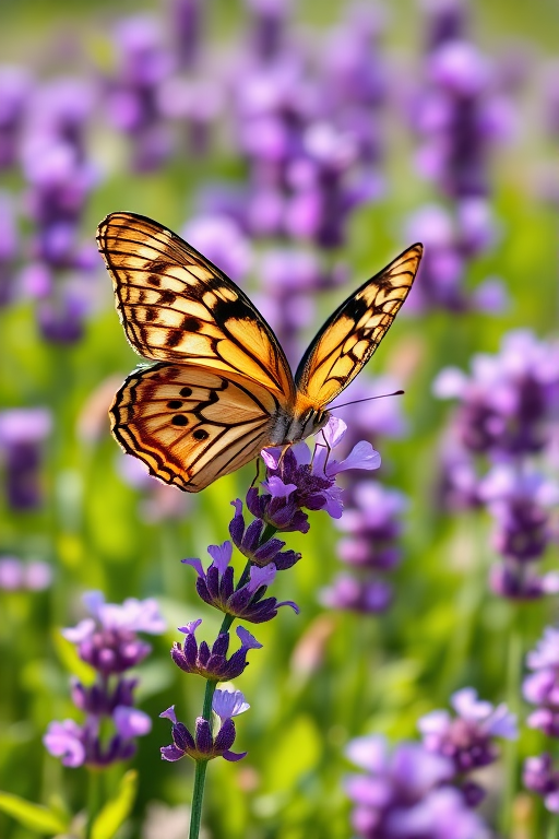 Generate an image of a butterfly perched on vibrant lavender flowers in a sunny field. The butterfly should display intricate patterns on its wings, and the background should be filled with lush green foliage and a variety of lavender blooms.