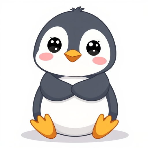 Create a cute cartoon penguin character with a round body, large expressive eyes, and small blush marks on its cheeks. The penguin should have a gray body with a white belly and yellow feet, sitting in a playful pose with its flippers raised slightly as if hugging itself. The overall style should be simple and adorable, appealing to a younger audience.