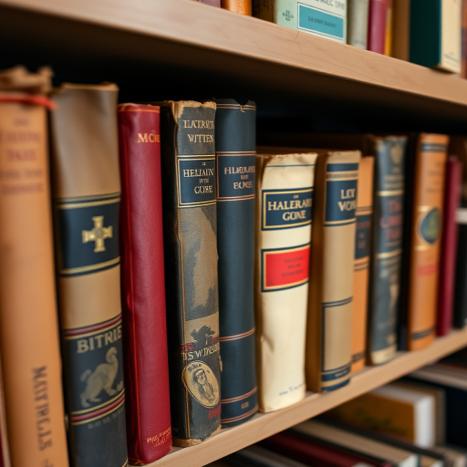 Vintage books on a shelf, shallow depth of field, natural lighting, f/2.8, ISO 100, 50mm lens, overhead view, DSLR camera.