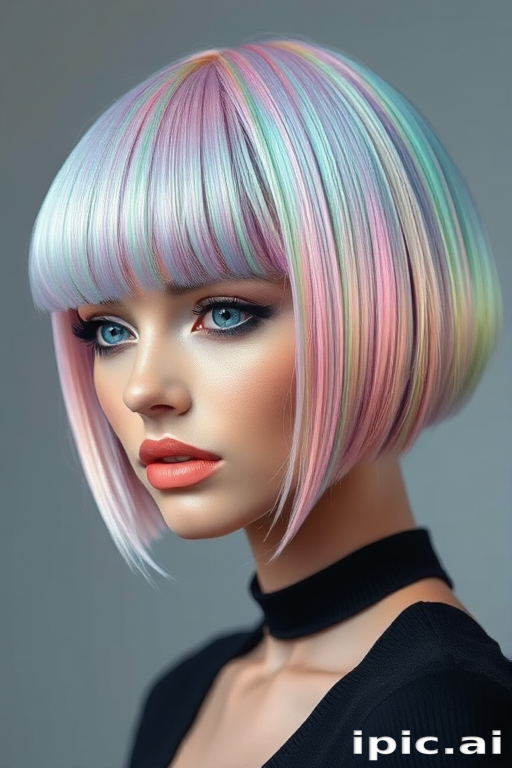 Futuristic hair style revealing holographic pastel hues blended seamlessly on a sharp angled bob with blunt bangs