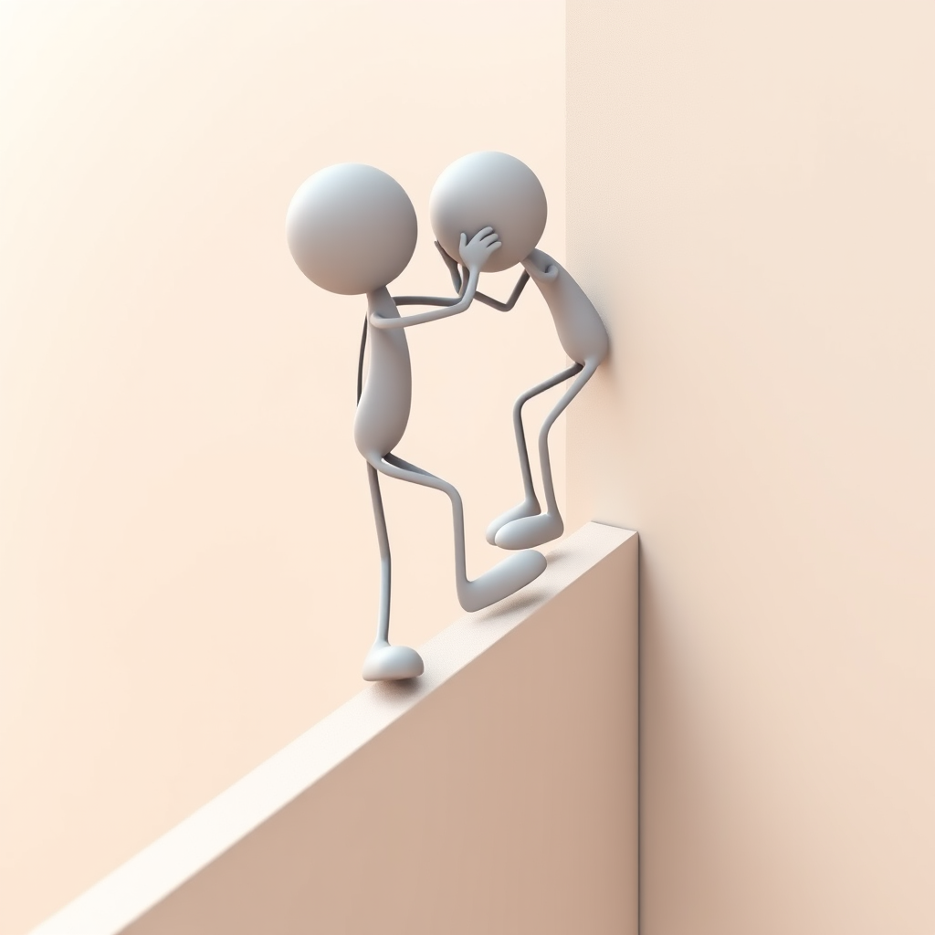 a 3D illustration of two stick figure characters, one climbing on the other's shoulders to reach over a wall, captured with a DSLR camera at f/8 aperture, 50mm lens, angled view for dynamic perspective, soft diffused lighting for even highlights and shadows