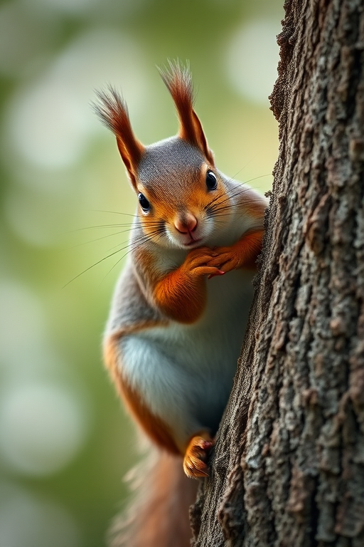 A close-up shot of a squirrel perched on a tree branch, captured with a Canon EOS 90D, 50mm lens, aperture f/2.8, ISO 200, shutter speed 1/500s, natural light, soft focus background to enhance depth and detail.