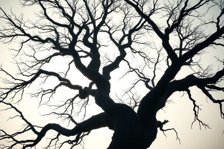 Create a highly detailed 3D rendering of a twisted, leafless tree with intricate branching, using a Canon EOS R5 with a 50mm f/1.2 lens, aperture set to f/8, ISO 100, shot from a low angle to enhance the dramatic silhouette against a bright background, utilizing HDR imaging for better dynamic range and texture.
