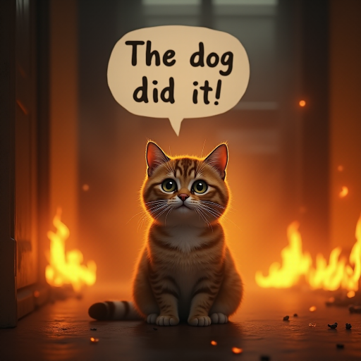 Photorealistic image of an innocent-looking cat sitting calmly in the middle of a burning room. Flames engulf the room, with fire licking up the walls and smoke filling the air. The cat is sitting on the floor, looking directly at the viewer with wide, innocent eyes. Above the cat, a speech bubble says "The dog did it!" The contrast between the cat's calm demeanor and the chaos around it creates a humorous and surreal scene.