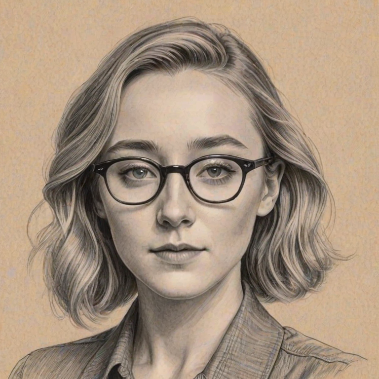 Bewitching Saoirse Ronan, pencil sketch, portrait of Appealing woman 1941s in glasses, hair style beatnik, outline, clear lines, fine lines, 8k