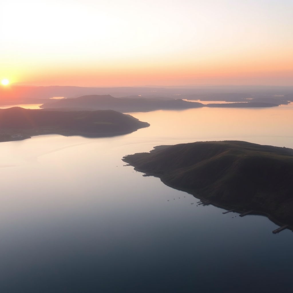 Capture a high-resolution image of a serene landscape at sunrise with soft lighting, using a DSLR camera with a 24mm f/2.8 lens, aperture set to f/8, ISO 100, and a shutter speed of 1/200s, taken from a slightly elevated viewpoint to capture the horizon and reflections on water.