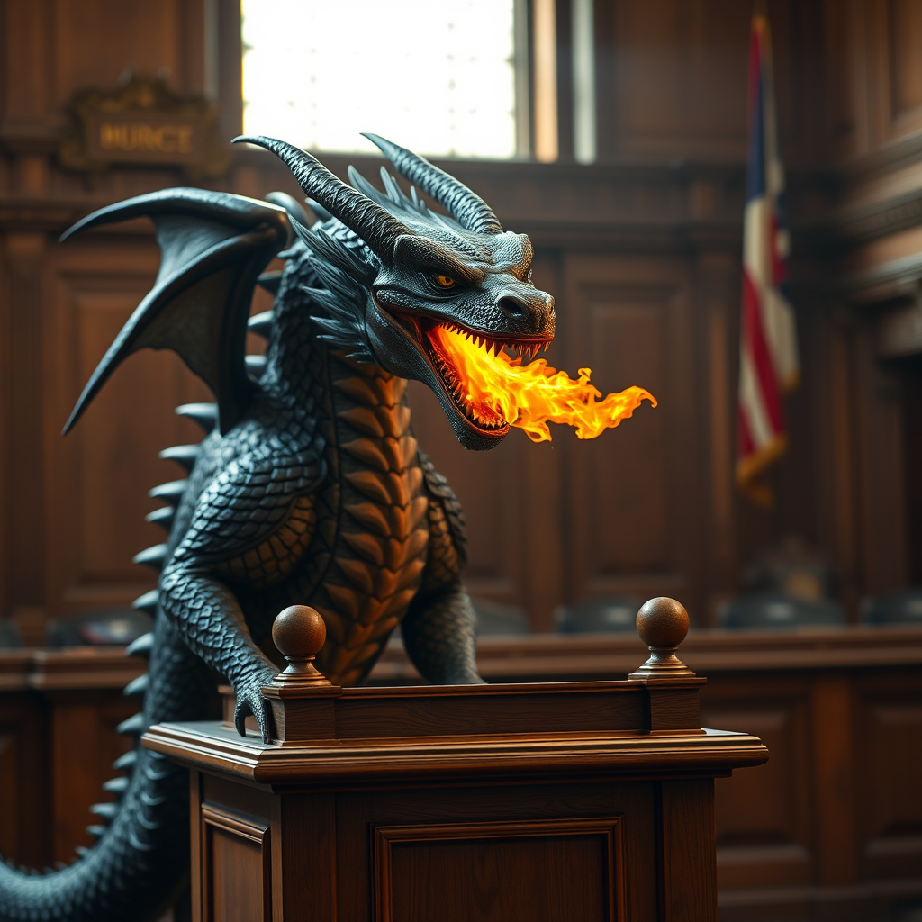 A fierce dragon on a witness stand in a detailed wooden courtroom, flames bursting from its mouth, captured with a Canon EOS R5 at f/1.8, ISO 100, 1/200 sec, using a 50mm lens for a shallow depth of field, soft natural lighting for dramatic effect.
