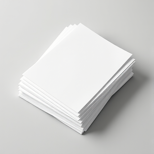 Create a highly detailed image of a stack of blank papers on a minimalist surface, shot with a Canon EOS 5D Mark IV, aperture f/8, ISO 100, 50mm lens, and a flat lay perspective to enhance clarity and texture.