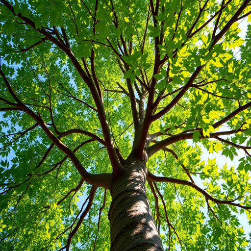 Create a vibrant illustration of a tree with lush green leaves and a brown trunk, using a DSLR camera with a 50mm lens at f/2.8 for a shallow depth of field, capturing the image in bright daylight from a low angle to enhance the visual impact and details of the foliage.