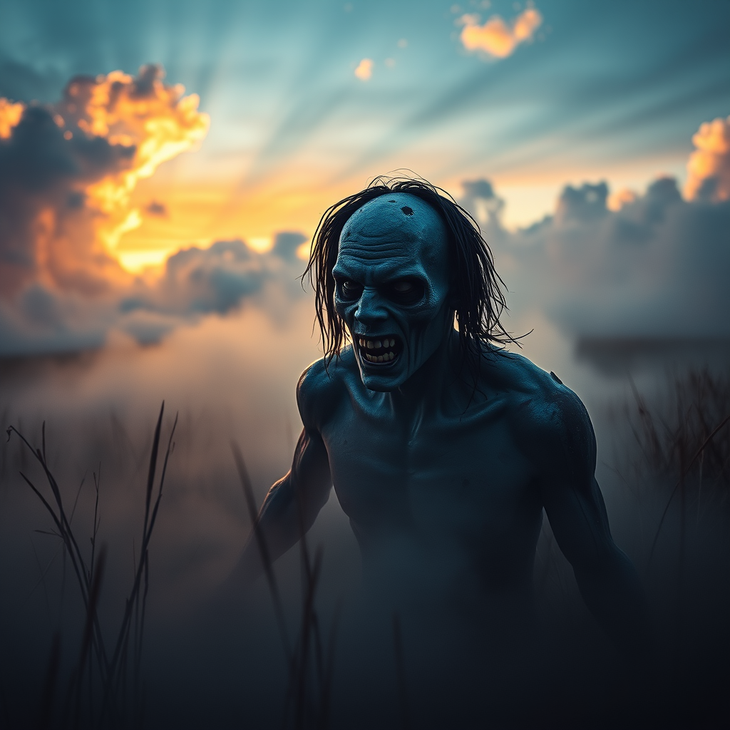 Create a high-resolution image of a zombie emerging from a misty landscape, with eerie lighting and dramatic clouds in the background, using a Canon EOS R5, 24mm lens, f/1.8 aperture, ISO 100, shot at sunset for enhanced colors and details.