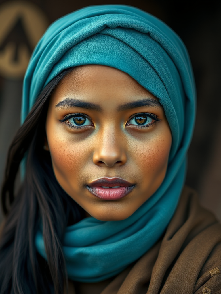 Create a portrait of a young Tahitian woman with long, dark hair and captivating hazel eyes. She is wearing a cyan headscarf and a matching scarf draped gracefully around her neck. The background is softly blurred, focusing attention on her serene and natural expression. The overall color palette is muted and warm, enhancing the intimate and authentic feel of the portrait.