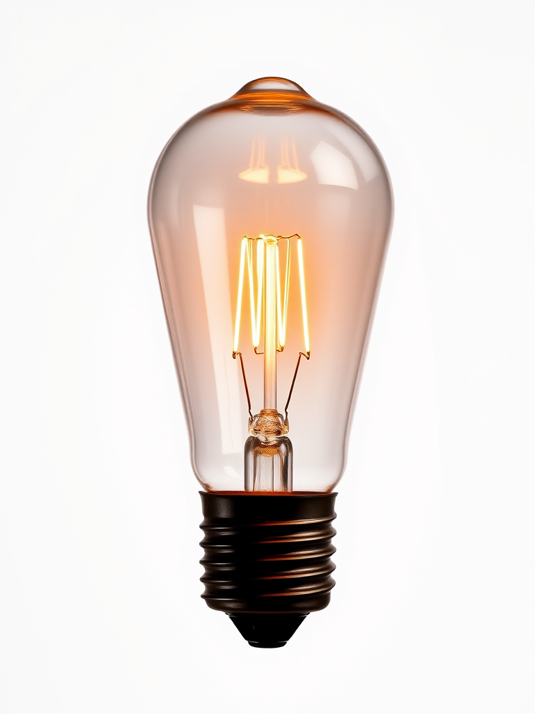 create a highly detailed image of a light bulb with a classic incandescent filament on a white background, using a DSLR camera with a 50mm lens, aperture f/2.8, ISO 100, and a softbox for even lighting