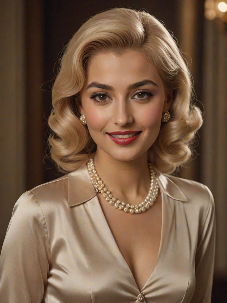A beautiful Pakistani woman reminiscent of 1950s Hollywood glamour, with perfectly styled blonde hair and a seductive smile, dressed in a satin blouse and adorned with pearls, soft and warm tones, photorealistic, 8K