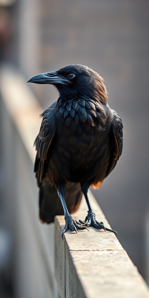 Create an ultra-detailed image of a raven perched on a ledge, captured with a Canon EOS 5D Mark IV, 85mm f/1.4 lens, aperture f/2.8, ISO 100, shutter speed 1/200 sec, in natural light with a shallow depth of field to enhance the texture of the feathers against a softly blurred background.