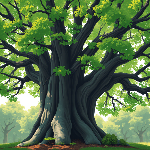 Create a highly detailed illustration of a large tree with a thick trunk and lush green leaves, captured with a DSLR camera at f/8 aperture, 50mm lens, ISO 200, in soft natural lighting, focused with a slight vignette effect for added depth.