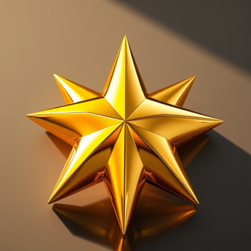 Create a high-resolution image of a 3D golden star with smooth gradients and reflective surfaces, using a Canon EOS R5 camera, 50mm lens, f/1.8 aperture, 100 ISO, and natural lighting for enhanced brightness and depth.