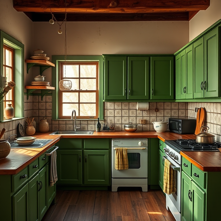 Create a photorealistic image of a vintage kitchen with green cabinetry, wooden shelves filled with pottery, a stove, and a window with natural light, using a Canon EOS R5, 35mm lens, f/4 aperture, 1/60 sec shutter speed, and ISO 100 for enhanced clarity and detail.