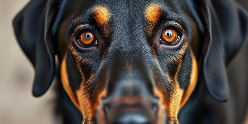portrait of a black and tan dog with expressive amber eyes, close-up shot, 50mm lens, f/1.8 aperture, ISO 200, natural lighting, shallow depth of field, high-resolution digital camera.