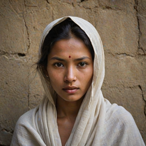 Create a close-up photographic image of a Nepali woman with light skin tones shown against an old, worn wall. Their head is wrapped in a white cloth covering (i.e.... parts of the head except the nose and mouth, which are open as if they are screaming...), with a slight texture and visible folds in the fabric. Thin strands of blonde hair escape from the wrapping above, falling lightly at the top and sides. Their hands hold the fabric as if they are tugging nervously. The lighting is dramatic and even, casting strong shadows. The image has a minimalist and surreal style with an emphasis on simplicity with soft color tones. The composition is centered.