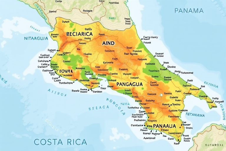 Create a high-resolution map of Costa Rica, showing major cities and borders with Nicaragua and Panama, using a digital camera with a 50mm lens, f/8 aperture, ISO 100, and a focus on clarity and detail.