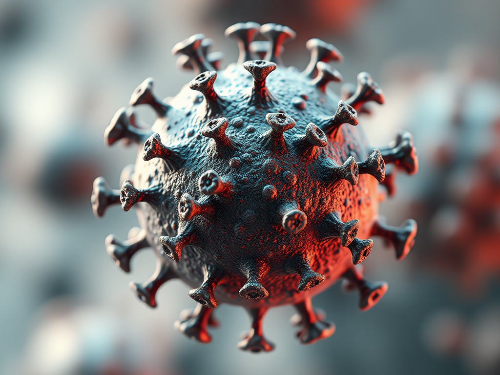 Create a highly detailed and realistic 3D rendering of a virus, featuring intricate surface textures and dynamic lighting, using a Canon EOS 5D Mark IV with an aperture of f/8, ISO 100, and a 50mm lens, shot from a macro perspective with soft focus in the background to emphasize the virus structure.