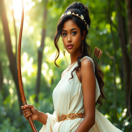 Create a portrait of a goddess-like Indo-Caribbean girl figure in a tranquil, forested environment. She has an elegant appearance with long, wavy hair styled in an updo and adorned with a delicate, floral headband. She wears a flowing, ancient Greek-inspired gown in a soft, pale color, featuring a one-shoulder design and draped fabric that accentuates her graceful form. The outfit includes a decorative belt with ornate gold detailing, and she holds a bow in her hand, with a quiver of arrows slung over her shoulder. The background depicts lush greenery, with sunlight filtering through the trees, casting a gentle, ethereal light on the scene. Her expression is calm and contemplative, embodying a sense of wisdom and serenity.