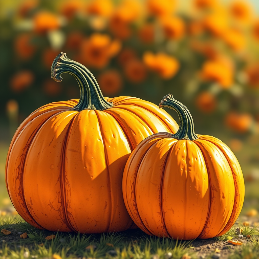 Create a highly detailed illustration of two pumpkins, one large and one small, with rich orange colors and textured surfaces, in a bright, vibrant setting, using a DSLR camera with a 50mm lens, aperture f/2.8, ISO 100, and a shallow depth of field to enhance focus on the pumpkins.