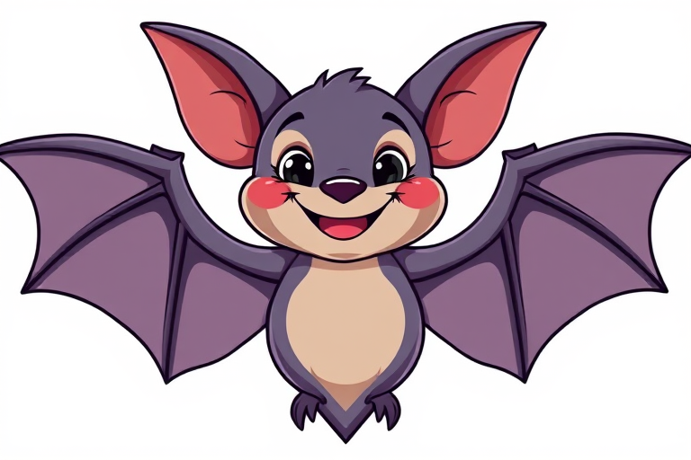 Create a cartoon-style illustration of a bat with a smiling expression, wings spread wide, vector art, with a white background, shot with a Canon EOS R5 at f/4.0, ISO 100, 50mm lens, focusing on vibrant colors and sharp lines.
