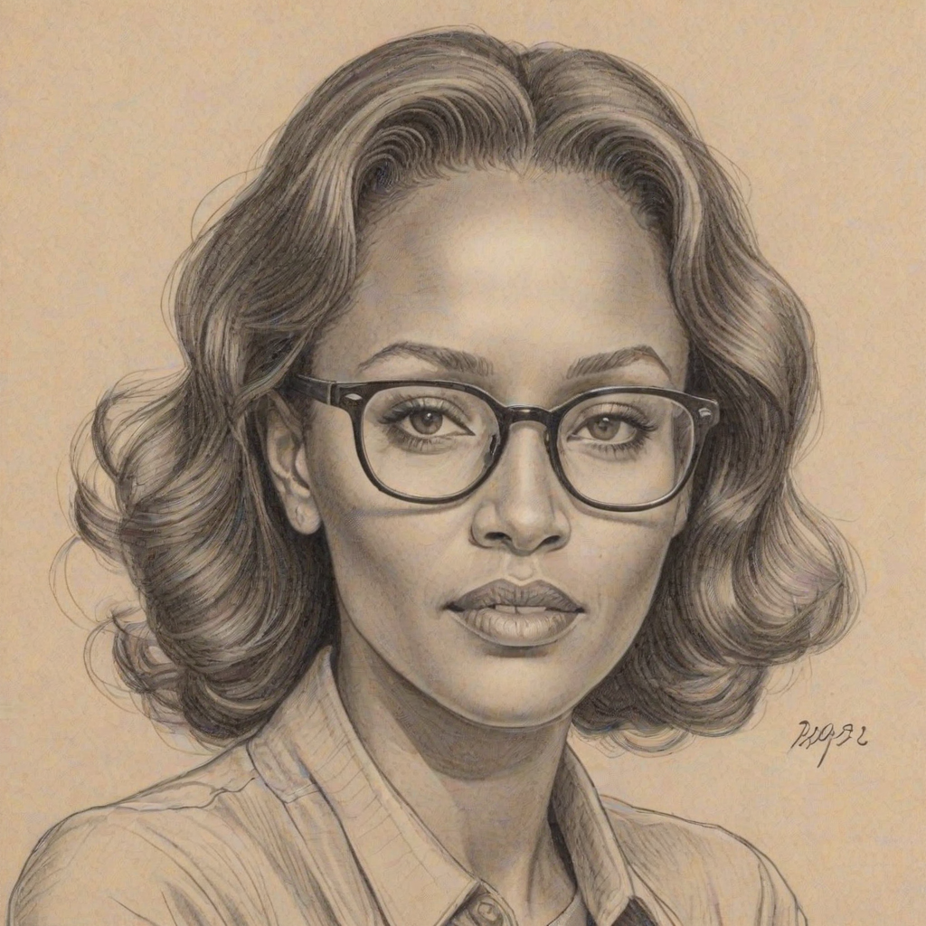 Wonderful Melanie Brown, pencil sketch, portrait of Splendid woman 1939s in glasses, hair style beatnik, outline, clear lines, fine lines, 8k