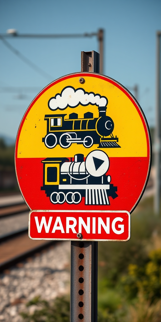 Create a high-resolution image of a train warning sign featuring a stylized steam locomotive, using a Canon EOS 5D Mark IV, aperture f/2.8, ISO 100, 50mm lens, in natural daylight to enhance clarity and contrast.
