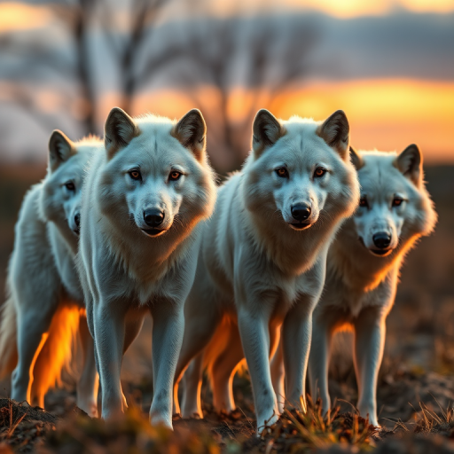 Generate a high-resolution image of a pack of four white wolves with expressive eyes standing in a natural setting during sunset, using a DSLR camera with a 50mm lens, f/2.8 aperture, ISO 100, and a warm color tone for enhanced contrast and clarity.