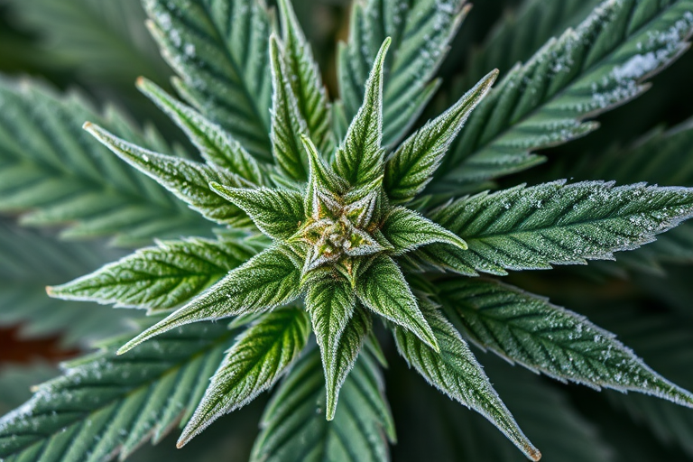 macro shot of cannabis plant with detailed foliage and frosty texture, f/2.8 aperture, ISO 100, 1/200 sec exposure, top-down view, DSLR camera, natural lighting