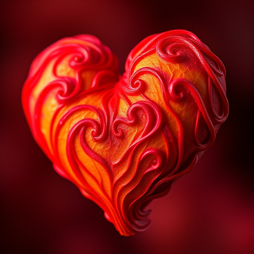 regenerate an image of a vibrant, textured heart shape made of swirling red and orange hues, use a macro lens with a shallow depth of field, f/2.8 aperture, ISO 100, natural lighting, and a high-resolution DSLR camera to capture intricate details and enhance overall image quality