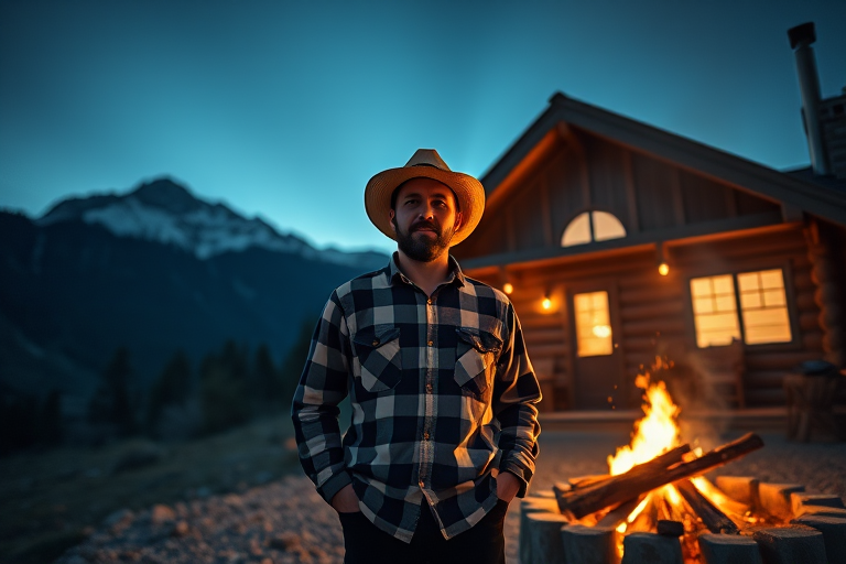man wearing a plaid shirt and straw hat standing by a fire in front of a cabin at night with mountains in the background, taken with a Canon EOS R5, 50mm lens, f/1.8, ISO 100, shutter speed 1/60s, low angle shot, natural light with slight fill flash for detail enhancement
