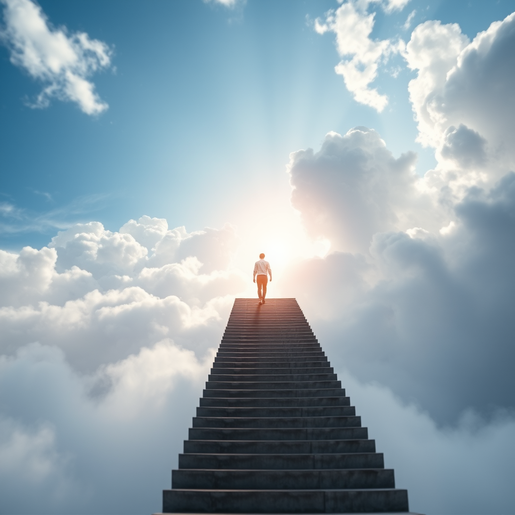 create a serene landscape of a person walking on a stairway to the sky surrounded by fluffy clouds with a soft glow illuminating the path, aperture f/2.8, shutter speed 1/200s, ISO 100, wide-angle lens, HDR photography, soft focus effect