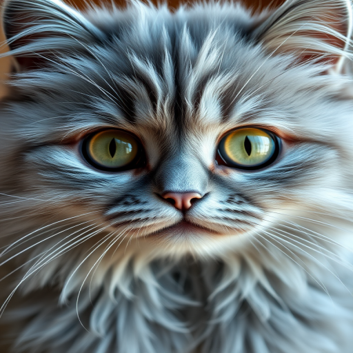 Create a hyper-realistic illustration of a fluffy blue Persian cat with big green eyes, using a Canon EOS R5 with a 50mm f/1.2 lens, ISO 100, aperture f/4, natural soft lighting, and a slight overhead angle for a detailed texture emphasis.